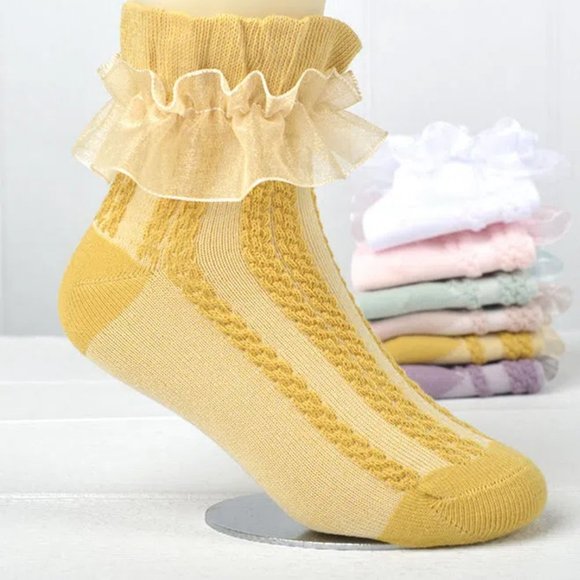 None Accessories - Ruffle Scallop Trim Solid Anklet Socks | Women Lolita Short Bow Socks